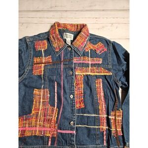 Tantrums Collection Womens XL Denim Jacket Mixed Media Patchwork Artsy Boho Blue